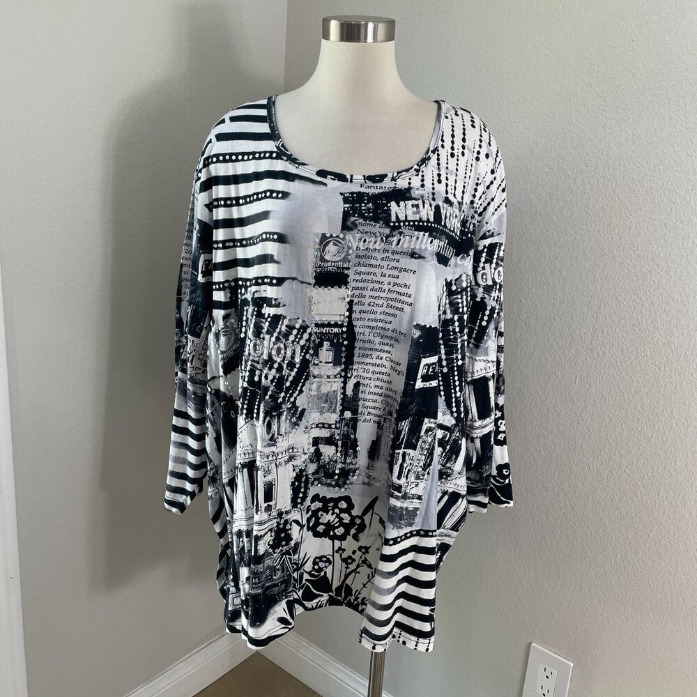 NEW Liz & Me Womens Plus 5X Shirt Long Sleeve Sequins Graphic Print Top‎